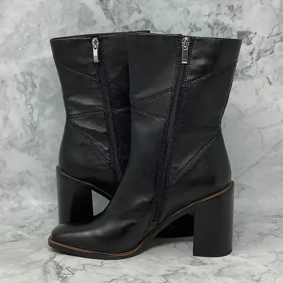 Franco Sarto 10M Black Leather Stevie Mid Calf Boot Square Toe Block Heel M29-14 - Picture 4 of 10